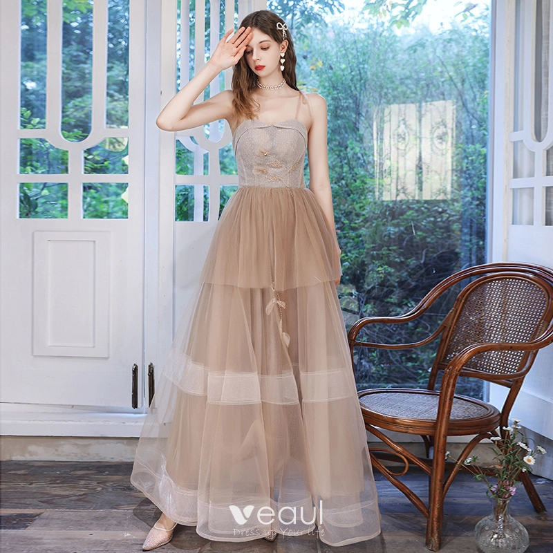 Tulle Spaghetti Straps Champagne Beading A-line Prom Dress Tulle Spaghetti Straps Champagne Beading A-line Prom Dress