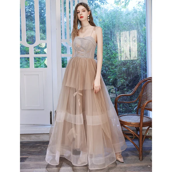 Flotte Champagne Gallakjoler 2020 Prinsesse Spaghetti Straps Ærmeløs Beading Glitter Tulle Lange Flæse Halterneck Kjoler