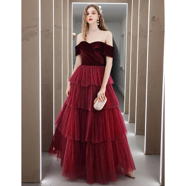 Fashion Burgundy Velour Winter Dancing Prom Dresses 2020 A-Line / Princess Off-The-Shoulder Short Sleeve Glitter Tulle Floor-Length / Long Cascading Ruffles Backless Formal Dresses