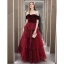 Fashion Burgundy Velour Winter Dancing Prom Dresses 2020 A-Line / Princess Off-The-Shoulder Short Sleeve Glitter Tulle Floor-Length / Long Cascading Ruffles Backless Formal Dresses