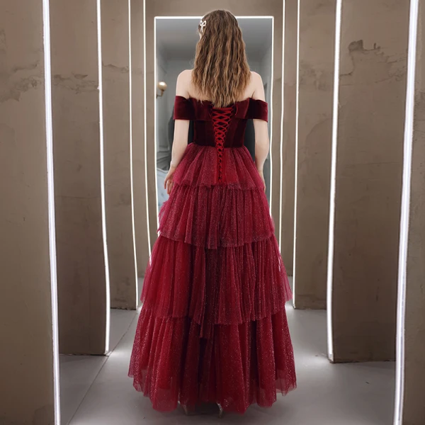 Fashion Burgundy Velour Winter Dancing Prom Dresses 2020 A-Line / Princess Off-The-Shoulder Short Sleeve Glitter Tulle Floor-Length / Long Cascading Ruffles Backless Formal Dresses