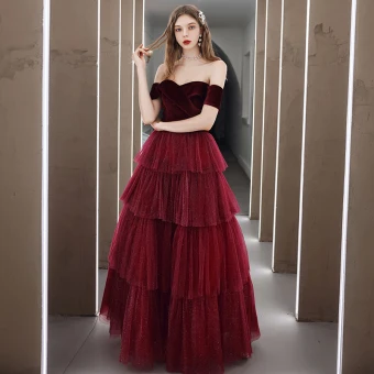 Mode Bordeaux Velour Hiver Dansant Robe De Bal 2020 Princesse De L 039 Épaule Manches Courtes Glitter Tulle Longue Volants En Cascade Dos Nu Robe De Ceremonie