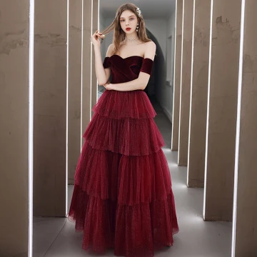 Mode Bordeaux Velour Hiver Dansant Robe De Bal 2020 Princesse De L 039 Épaule Manches Courtes Glitter Tulle Longue Volants En Cascade Dos Nu Robe De Ceremonie