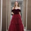 Fashion Burgundy Velour Winter Dancing Prom Dresses 2020 A-Line / Princess Off-The-Shoulder Short Sleeve Glitter Tulle Floor-Length / Long Cascading Ruffles Backless Formal Dresses