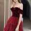 Fashion Burgundy Velour Winter Dancing Prom Dresses 2020 A-Line / Princess Off-The-Shoulder Short Sleeve Glitter Tulle Floor-Length / Long Cascading Ruffles Backless Formal Dresses