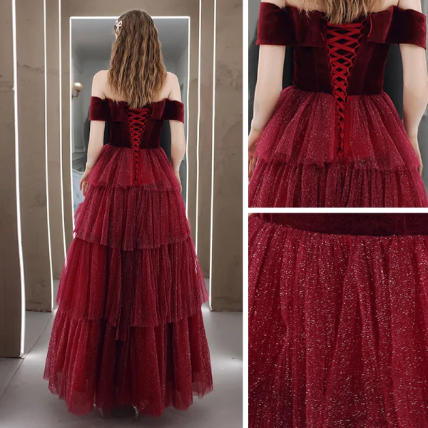 Fashion Burgundy Velour Winter Dancing Prom Dresses 2020 A-Line / Princess Off-The-Shoulder Short Sleeve Glitter Tulle Floor-Length / Long Cascading Ruffles Backless Formal Dresses
