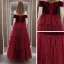 Fashion Burgundy Velour Winter Dancing Prom Dresses 2020 A-Line / Princess Off-The-Shoulder Short Sleeve Glitter Tulle Floor-Length / Long Cascading Ruffles Backless Formal Dresses