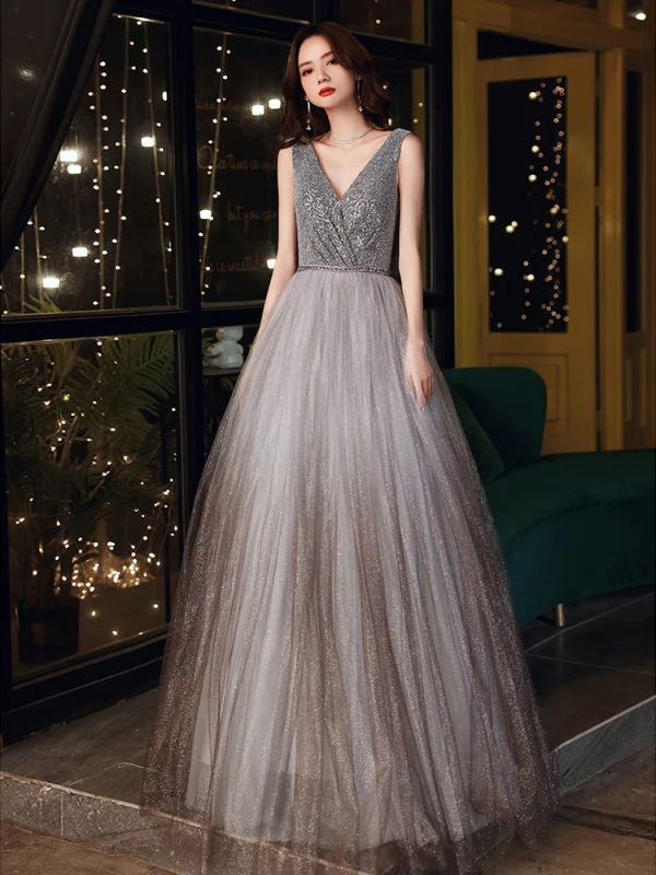 Chic / Beautiful Grey Dancing Prom Dresses 2020 A-Line / Princess V-Neck Sleeveless Sash Beading Glitter Tulle Floor-Length / Long Ruffle Backless Formal Dresses