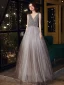 Chic / Beautiful Grey Dancing Prom Dresses 2020 A-Line / Princess V-Neck Sleeveless Sash Beading Glitter Tulle Floor-Length / Long Ruffle Backless Formal Dresses