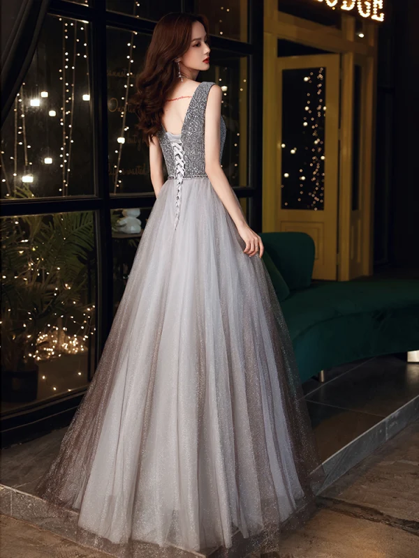 Chic / Beautiful Grey Dancing Prom Dresses 2020 A-Line / Princess V-Neck Sleeveless Sash Beading Glitter Tulle Floor-Length / Long Ruffle Backless Formal Dresses
