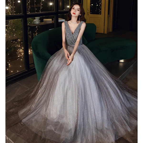 Chic / Beautiful Grey Dancing Prom Dresses 2020 A-Line / Princess V-Neck Sleeveless Sash Beading Glitter Tulle Floor-Length / Long Ruffle Backless Formal Dresses