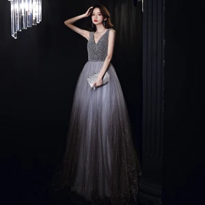 Chic Beautiful Grey Dancing Prom Dresses 2020 A Line Princess V Neck Sleeveless Sash Beading Glitter Tulle Floor Length Long Ruffle Backless Formal Dresses