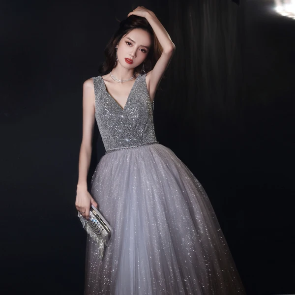 Chic / Beautiful Grey Dancing Prom Dresses 2020 A-Line / Princess V-Neck Sleeveless Sash Beading Glitter Tulle Floor-Length / Long Ruffle Backless Formal Dresses