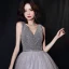 Chic / Beautiful Grey Dancing Prom Dresses 2020 A-Line / Princess V-Neck Sleeveless Sash Beading Glitter Tulle Floor-Length / Long Ruffle Backless Formal Dresses