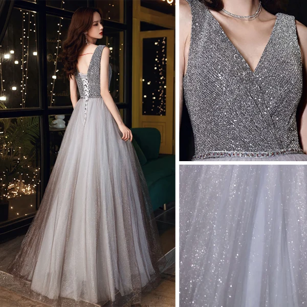 Chic / Beautiful Grey Dancing Prom Dresses 2020 A-Line / Princess V-Neck Sleeveless Sash Beading Glitter Tulle Floor-Length / Long Ruffle Backless Formal Dresses