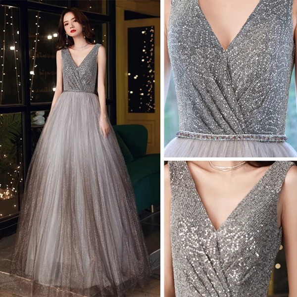 Chic / Beautiful Grey Dancing Prom Dresses 2020 A-Line / Princess V-Neck Sleeveless Sash Beading Glitter Tulle Floor-Length / Long Ruffle Backless Formal Dresses