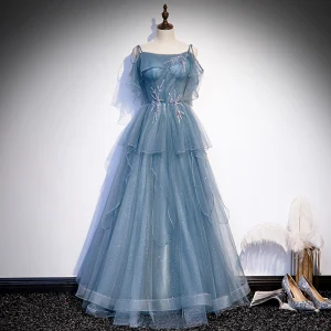 Elegant Hav Blå Dancing Ballkjoler 2020 Prinsesse Spaghettistropper Uten Ermer Beading Glitter Tyll Lange Buste Ryggløse Formelle Kjoler