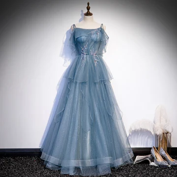 Élégant Océan Bleu Dansant Robe De Bal 2020 Princesse Bretelles Spaghetti Sans Manches Perlage Glitter Tulle Longue Volants Dos Nu Robe De Ceremonie