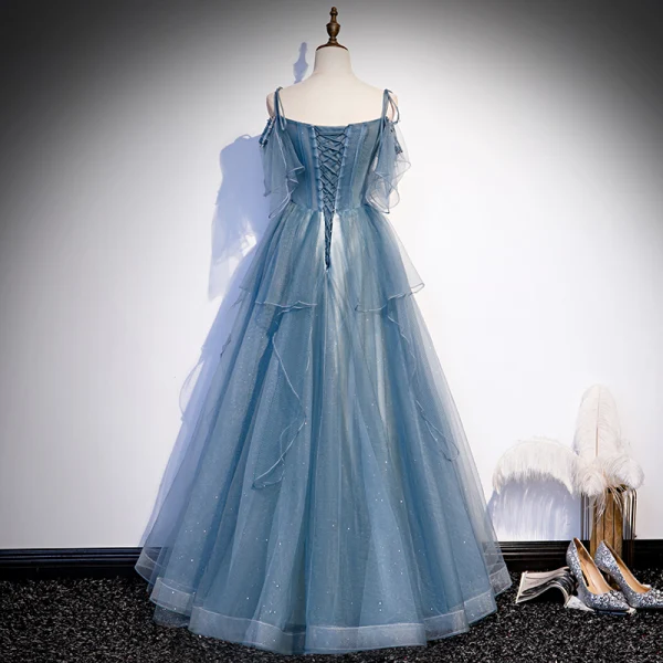 Elegant Havblåt Dancing Gallakjoler 2020 Prinsesse Spaghetti Straps Ærmeløs Beading Glitter Tulle Lange Flæse Halterneck Kjoler