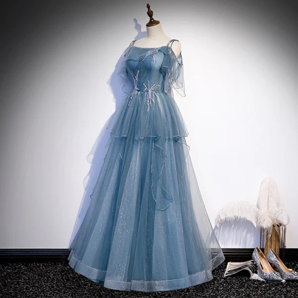 Elegant Havblåt Dancing Gallakjoler 2020 Prinsesse Spaghetti Straps Ærmeløs Beading Glitter Tulle Lange Flæse Halterneck Kjoler
