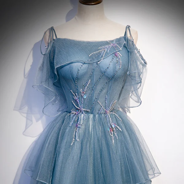 Elegant Havblåt Dancing Gallakjoler 2020 Prinsesse Spaghetti Straps Ærmeløs Beading Glitter Tulle Lange Flæse Halterneck Kjoler