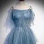 Elegant Havblåt Dancing Gallakjoler 2020 Prinsesse Spaghetti Straps Ærmeløs Beading Glitter Tulle Lange Flæse Halterneck Kjoler