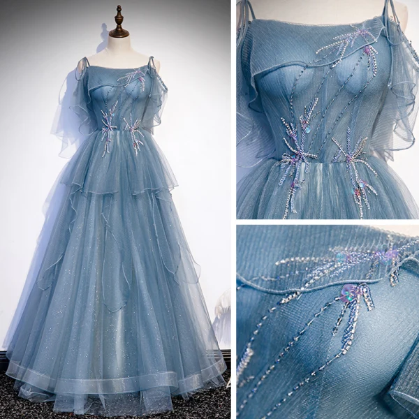 Elegant Havblåt Dancing Gallakjoler 2020 Prinsesse Spaghetti Straps Ærmeløs Beading Glitter Tulle Lange Flæse Halterneck Kjoler