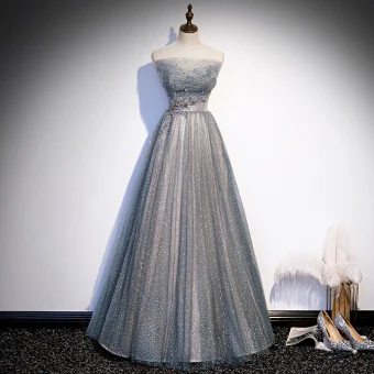 Charming Grey Dancing Prom Dresses 2020 A Line Princess Strapless Sleeveless Sequins Beading Glitter Tulle Floor Length Long Ruffle Backless Formal Dresses