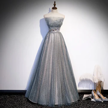 Charmant Gris Dansant Robe De Bal 2020 Princesse Bustier Sans Manches Paillettes Perlage Glitter Tulle Longue Volants Dos Nu Robe De Ceremonie