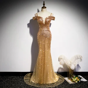 Sparkly Gold Sequins Evening Dresses 2020 Trumpet Mermaid Spaghetti Straps Short Sleeve Sweep Train Ruffle Backless Formal Dresses