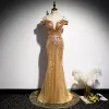 Sparkly Gold Sequins Evening Dresses  2020 Trumpet / Mermaid Spaghetti Straps Short Sleeve Sweep Train Ruffle Backless Formal Dresses