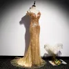 Sparkly Gold Sequins Evening Dresses  2020 Trumpet / Mermaid Spaghetti Straps Short Sleeve Sweep Train Ruffle Backless Formal Dresses
