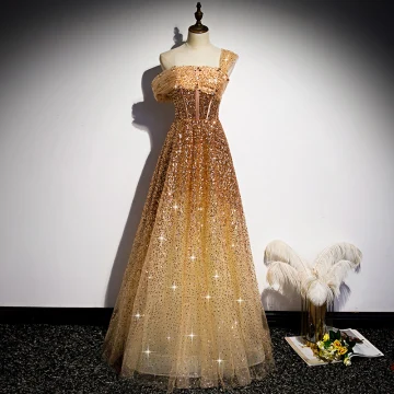 Mode Doré Dansant Robe De Bal 2020 Princesse Une Épaule Manches Courtes Paillettes Perlage Longue Volants Dos Nu Robe De Ceremonie