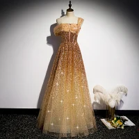Moda Oro Bailando Vestidos de gala 2020 A-Line / Princess Un Hombro Manga Corta Lentejuelas Rebordear Largos Ruffle Sin Espalda Vestidos Formales