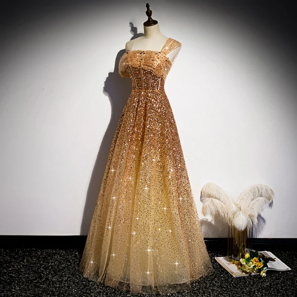 Mode Gold Tanzen Ballkleider 2020 A Linie One-Shoulder Kurze Ärmel Pailletten Perlenstickerei Lange Rüschen Rückenfreies Festliche Kleider