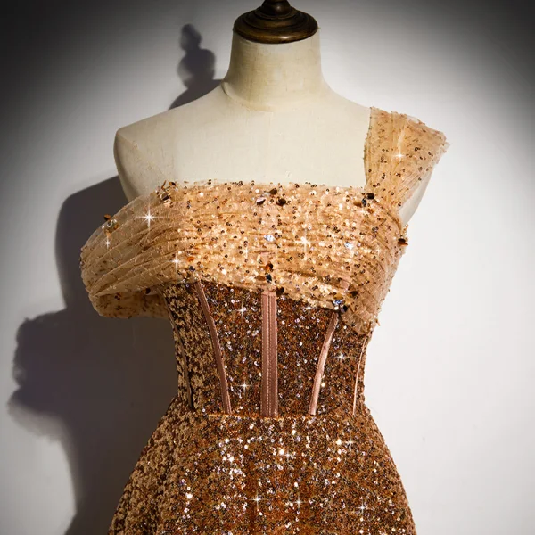 Mode Gold Tanzen Ballkleider 2020 A Linie One-Shoulder Kurze Ärmel Pailletten Perlenstickerei Lange Rüschen Rückenfreies Festliche Kleider