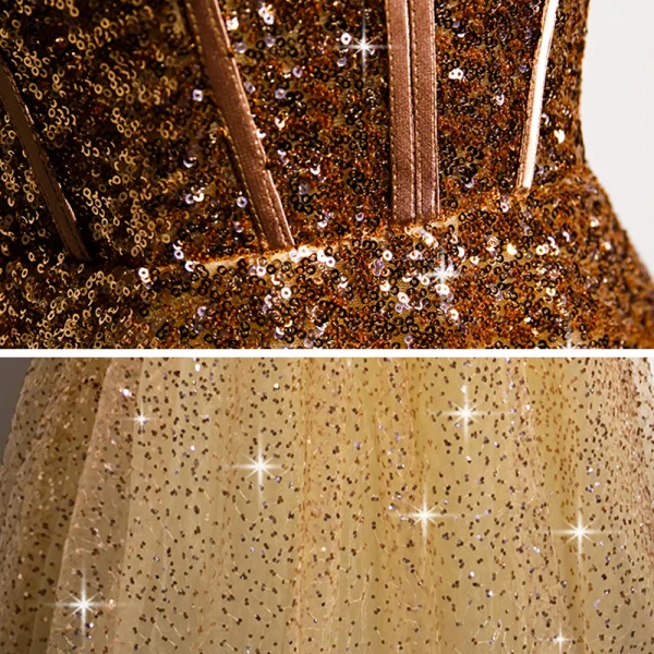 Mode Gold Tanzen Ballkleider 2020 A Linie One-Shoulder Kurze Ärmel Pailletten Perlenstickerei Lange Rüschen Rückenfreies Festliche Kleider