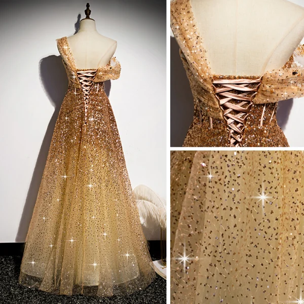 Mode Gold Tanzen Ballkleider 2020 A Linie One-Shoulder Kurze Ärmel Pailletten Perlenstickerei Lange Rüschen Rückenfreies Festliche Kleider