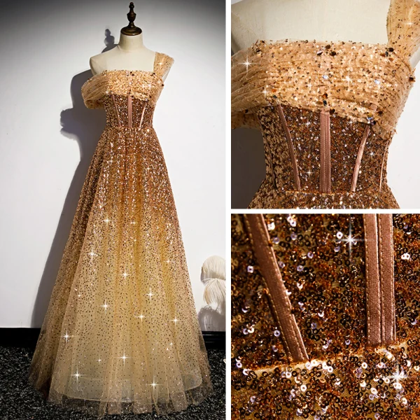 Mode Gold Tanzen Ballkleider 2020 A Linie One-Shoulder Kurze Ärmel Pailletten Perlenstickerei Lange Rüschen Rückenfreies Festliche Kleider