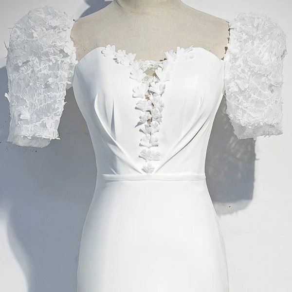 Vintage / Originale Blanche Robe De Soirée 2020 Trompette / Sirène Encolure Carrée Gonflée Manches Courtes Ceinture Appliques En Dentelle Tribunal Train Volants Dos Nu Robe De Ceremonie