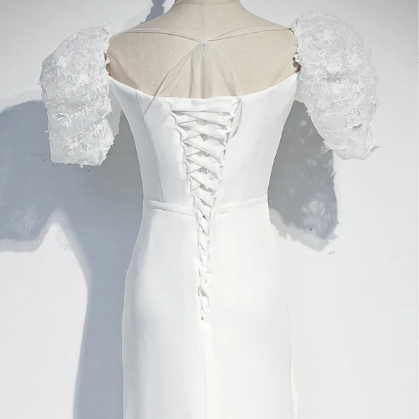 Vintage / Originale Blanche Robe De Soirée 2020 Trompette / Sirène Encolure Carrée Gonflée Manches Courtes Ceinture Appliques En Dentelle Tribunal Train Volants Dos Nu Robe De Ceremonie