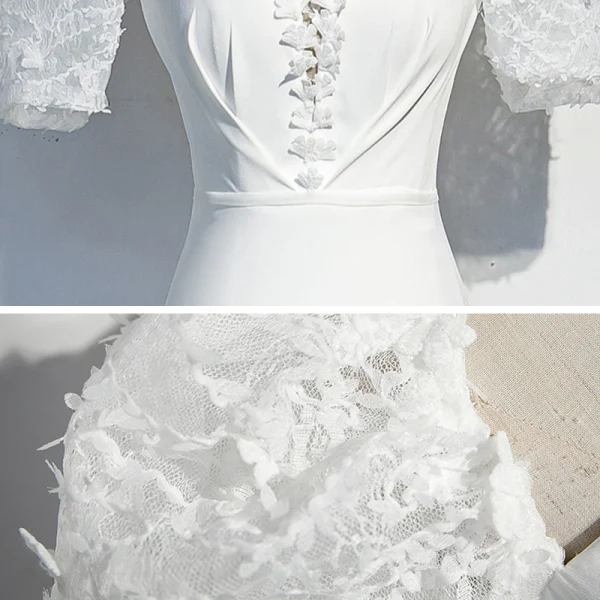 Vintage / Originale Blanche Robe De Soirée 2020 Trompette / Sirène Encolure Carrée Gonflée Manches Courtes Ceinture Appliques En Dentelle Tribunal Train Volants Dos Nu Robe De Ceremonie