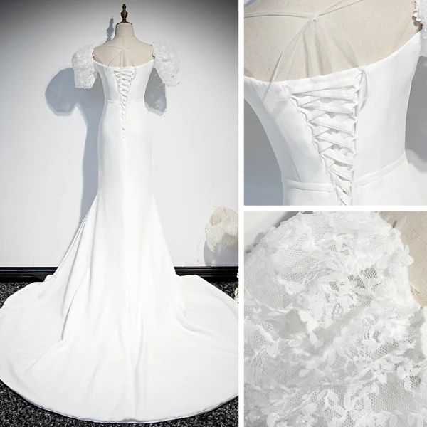 Vintage / Originale Blanche Robe De Soirée 2020 Trompette / Sirène Encolure Carrée Gonflée Manches Courtes Ceinture Appliques En Dentelle Tribunal Train Volants Dos Nu Robe De Ceremonie