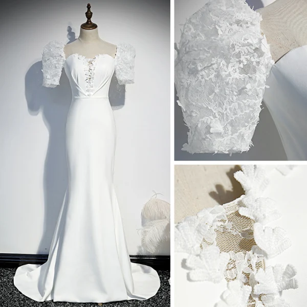 Vintage / Originale Blanche Robe De Soirée 2020 Trompette / Sirène Encolure Carrée Gonflée Manches Courtes Ceinture Appliques En Dentelle Tribunal Train Volants Dos Nu Robe De Ceremonie