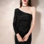 Scintillantes Noire Paillettes Robe De Soirée 2020 Trompette / Sirène Une épaule Manches Longues Fendue devant Longue Dos Nu Robe De Ceremonie