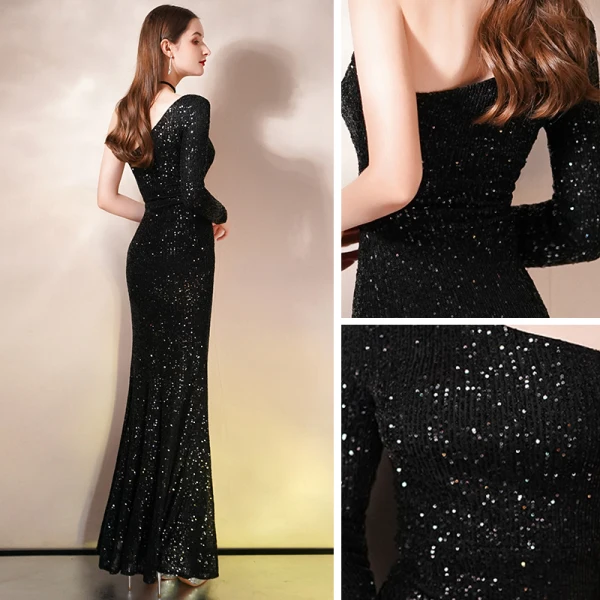 Scintillantes Noire Paillettes Robe De Soirée 2020 Trompette / Sirène Une épaule Manches Longues Fendue devant Longue Dos Nu Robe De Ceremonie