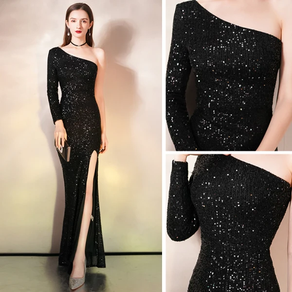 Scintillantes Noire Paillettes Robe De Soirée 2020 Trompette / Sirène Une épaule Manches Longues Fendue devant Longue Dos Nu Robe De Ceremonie