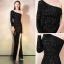 Scintillantes Noire Paillettes Robe De Soirée 2020 Trompette / Sirène Une épaule Manches Longues Fendue devant Longue Dos Nu Robe De Ceremonie