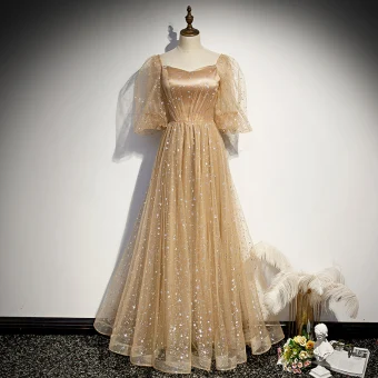 Style Victorien Champagne Dansant Robe De Bal 2020 Princesse Encolure Carrée Gonflée 3 4 Manches Glitter Étoile Tulle Longue Volants Dos Nu Robe De Ceremonie