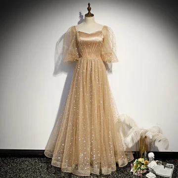 Style Victorien Champagne Dansant Robe De Bal 2020 Princesse Encolure Carrée Gonflée 3 4 Manches Glitter Étoile Tulle Longue Volants Dos Nu Robe De Ceremonie